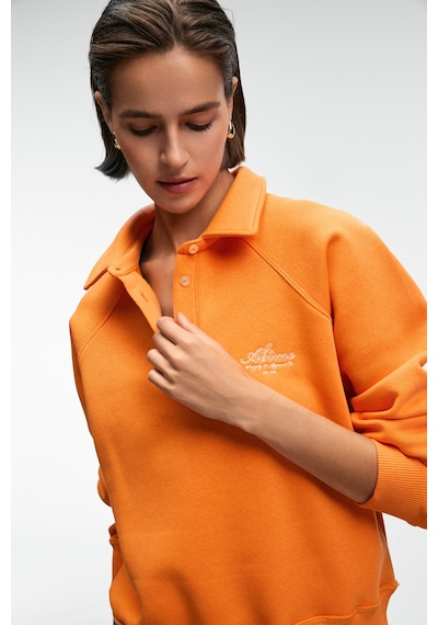 Grımelange CAMIREL Kadın Polo Yaka Düğmeli Nakış Detaylı Reglan Kol Comfort Fit Turuncu Sweatshirt