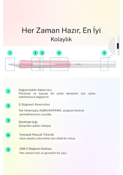 Fuchsia D1 Profesyonel Apple Uyumlu iPad Kalemi Eğim Duyarlı Avuç İçi Reddetmeli Bluetooth Uzun Pil Ömrü 0.1mm Uç Beyaz