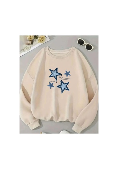 Herkesemoda Yıldız Baskı Detaylı Bisiklet Yaka İçi Polarlı Sweatshirt Bej