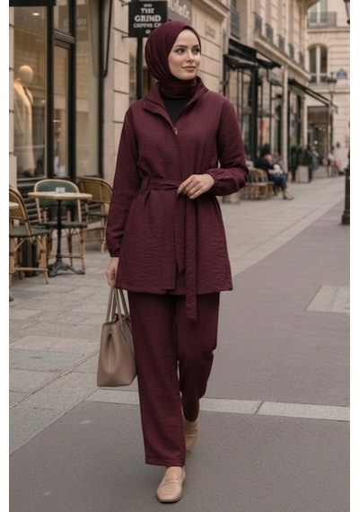 Bestenur Gizli Fermuarlı Kuşaklı İkili Takım 1698 - Bordo Bordo