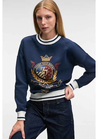 Grımelange VALLUNE Kadın Kontrast Triko Etek Ucu Manşet Ve Yakalı Nakış Crop Lacivert Sweatshirt
