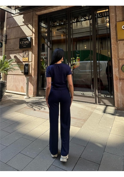 WeShaya Lacivert Polyester Keten Palazzo Takım Lacivert