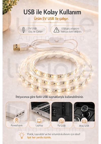 2 Metre Günışığı Usb Şerit Led 5v Aç Kapa Anahtarlı Mutfak Tv Masa Raf Powerbank Işık