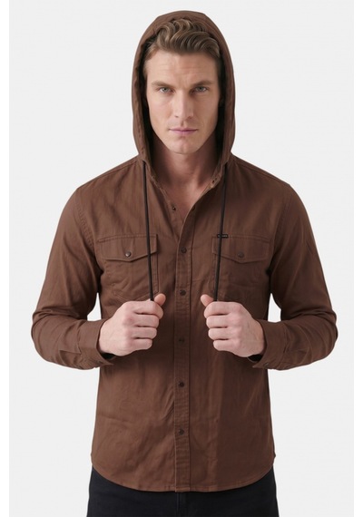 Deep Sea Deepsea Kahve Kapüşonlu Likralı Kot Gömlek Slim Fit Çıt Çıt Kapamalı Erkek Gömlek 2300396