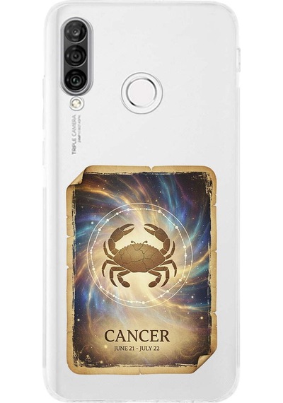 Huawei P30 Lite İle Uyumlu Burç Kartları Yengeç Tasarımlı Şeffaf Silikon Kılıf Şeffaf