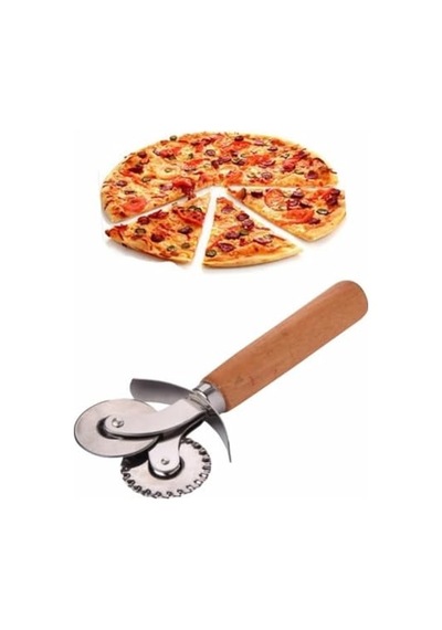 Pizza Ve Hamur Kesici Ahşap Saplı Çift Bıçaklı Paslanmaz Çelik, Düz Ve Tırtıklı Bıçaklı Dilimleyici Diğer