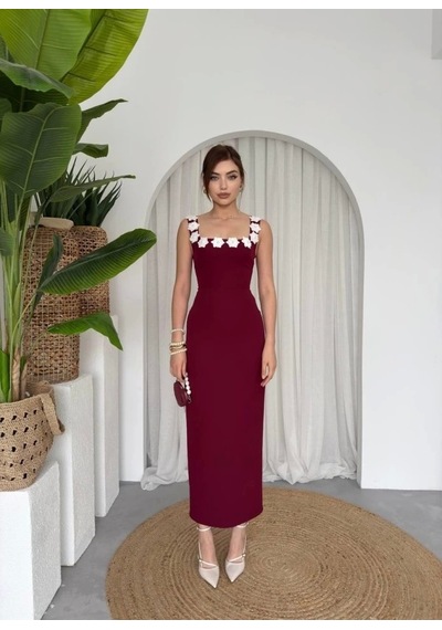 Defymoda Mıng Çiçek Detaylı Elbise Bordo