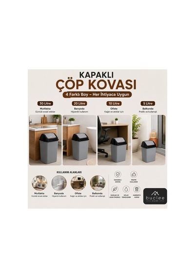 Sallanır Kapaklı Çöp Kovası Gri Mutfak Banyo Ofis Çöp Kutusu 5l - 10l - 20l - 30l Gri - 914200115 Gri