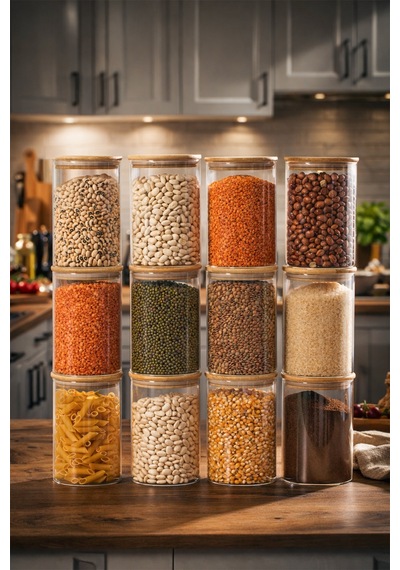 Porsima 2-4 Bambu Vakumlu Kapaklı Yuvarlak Cam 12li Kavanoz Seti Saklama Kabı 1300ml 10x20cm