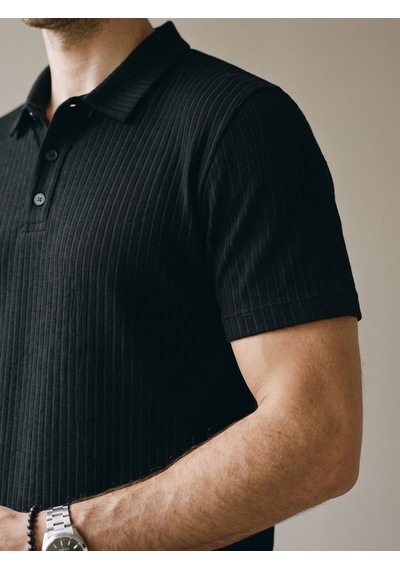 Maccali Erkek Siyah Pamuklu Çizgili Polo Yaka Tişört