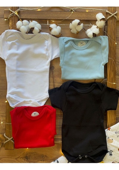 Betül Bebek Kısa Kollu 4'lü Organik Pamuk Çıtçıtlı Bebek Body & Zıbın Siyah,kırmızı,beyaz,mavi Çok Renkli