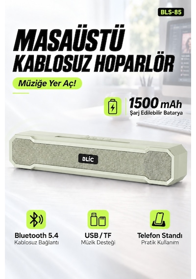 Blic Bls-85 Bluetooth 5.4 Masaüstü Soundbar Hoparlör Beyaz, Telefon Standlı, 1500 Mah Şarjlı, Usb Ve