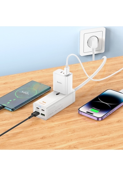 Hoco Ac10a Barry Pd65w 2type-c+2usb Bağlantı Noktaları, 1 Soketli Masaüstü Şarj Cihazı, Kablo Uzunluğu: 1.5m, Ab Fiş Beyaz
