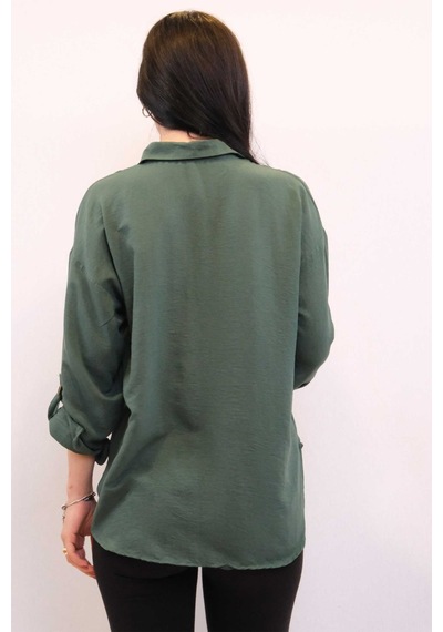 Moda Çizgi Pamuklu Keten Gömlek Zümrüt Çok Renkli