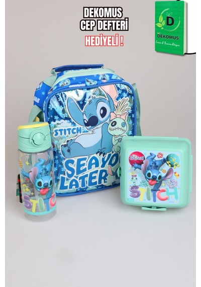 X Dekomus Lisanslı Stitch "ıconic Blue Collection" Termoslu Beslenme Çantası, 500 Ml Matara Ve Beslenme Kabı Seti Altın