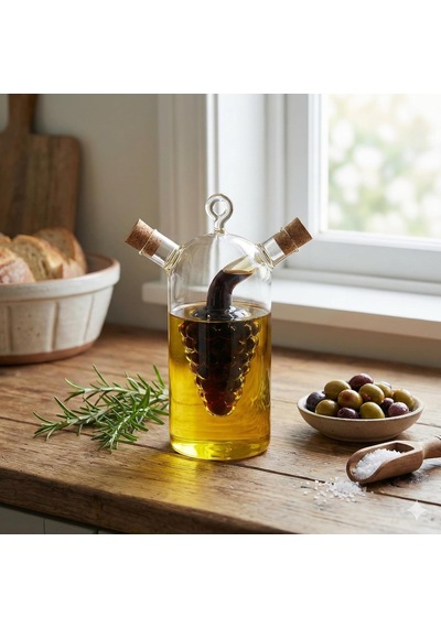 2'si 1 Arada Cam Yağlık Ve Sirkelik - İç İçe Geçmeli Çift Hazneli Dekoratif Sosluk - Mantar Kapaklı Zeytinyağı Ve Sirke Şişesi 240ml + 60ml Çok Renkli