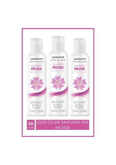 Watsons Classy Musk 24 Saat Etkili Pudrasız Kadın Sprey Deodorant 3 x 150 ML