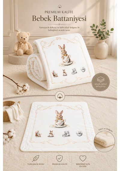 Sitilin Kız Erkek Bebek Atelier Premium 4'lü Hastane Çıkışı Seti Dolgulu Battaniyeli Yenidoğan Seti Stl7175 Beyaz