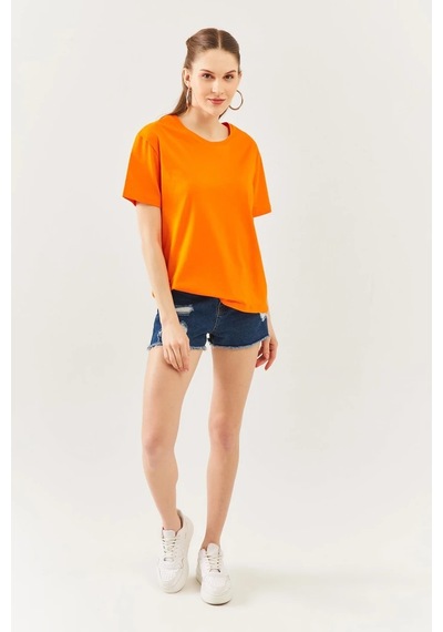 Kadın Oversize Rahat %100 Pamuklu Penye Bisiklet Yaka Kısa Kol Basic T-shirt Turuncu