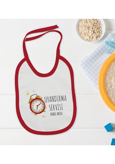 BK Kids Kişiye Özel Uyandırma Servisi Tasarımlı Kırmızı Bebek Mama Önlüğü Kırmızı