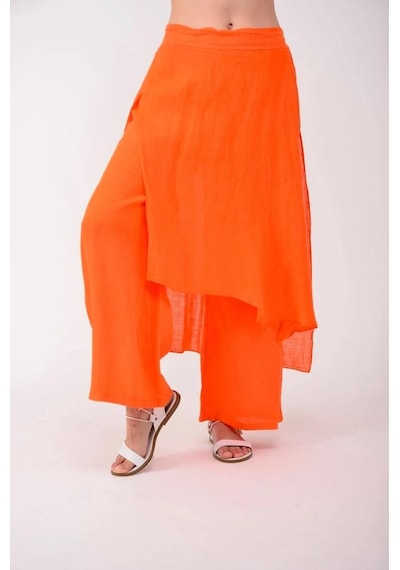 Bohem Stil İtalyan Ham Keten Pantolon Etek-8747 Oranj