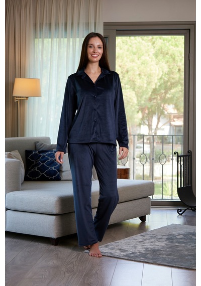 Estiva Kadın Önden Düğmeli Kadife Pijama Takımı Lacivert