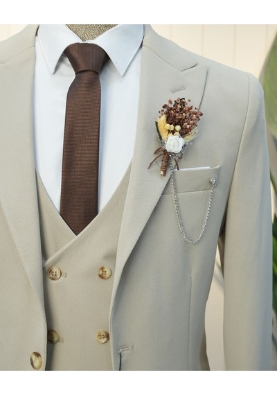 Beystil Sivri Yaka Krem Takım Elbise Petek04 -slim Fit Krem