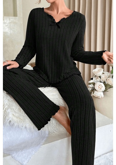 Moda Dua Kadın Siyah Uzun Kollu Fiyonklu Yuvarlak Yaka Mevsimlik Pijama Takımı