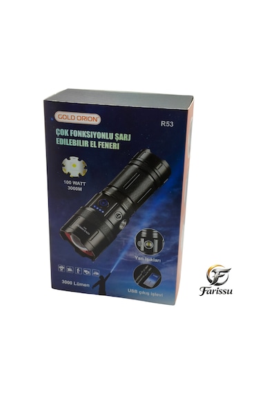 Gold Orion R53 Profesyonel 100w 3000 Lümen Zoomlu Şarjlı El Feneri Siyah