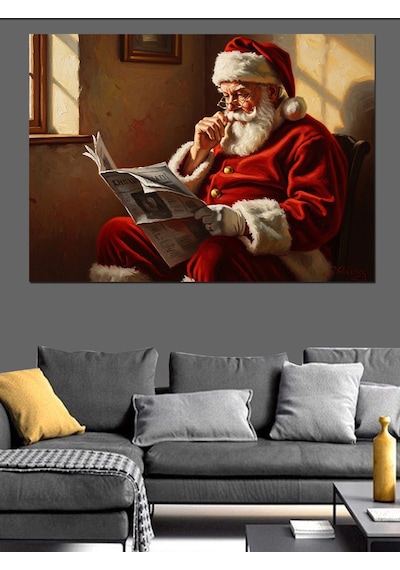 Gazete Okuyan Noel Baba Figürü Dekoratif Kanvas - Mdf Ahşap Tablo