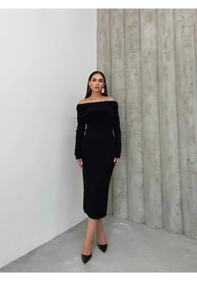 Msm Fashion Kadın Elbise Uzun Triko Kışlık Madonna Yaka Likralı Kalem Elbise Siyah