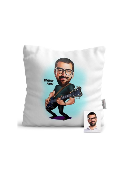 Kişiye Özel Gitarist Karikatür Saten Yastık - 1