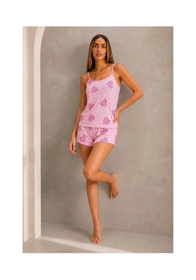 Fit Women Kadın Puantiyeli Şortlu Pijama Takımı Askılı Pembe