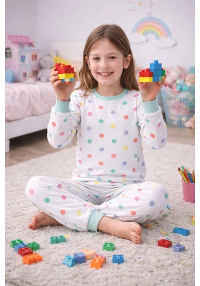 Kız Çocuk Renk Paleti Desenli 8 - 13 Yaş Pijama Takımı Beyaz