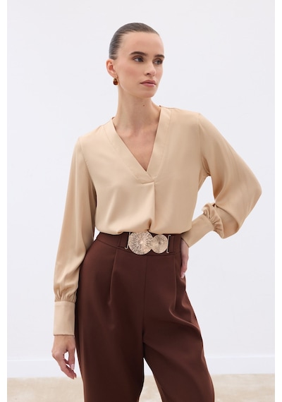 Sateen V Yaka Saten Bluz - Camel-130513 CAMEL