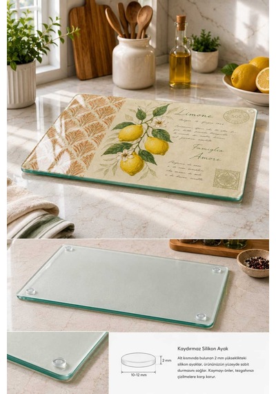 Luminaglass Cam Kesme Tahtası Limon Temalı - Cam Kesme Tablası 30cm X 40cm Bej