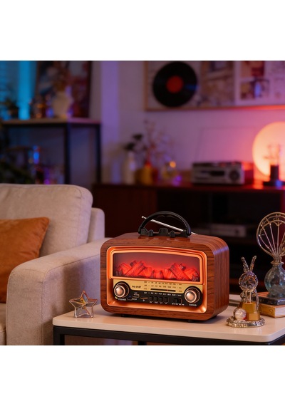 Nostajik Alev Efektli Ahşap Şarjlı 3 Dalga Radyo Telefon Tutucu,bluetooth,tf Kart