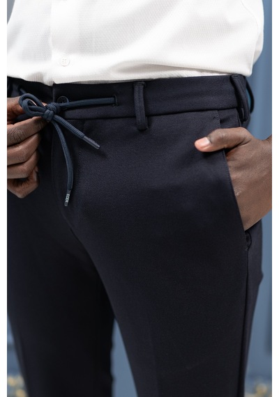 Ecer Regular Fit Armürlü Beli İplikli Astarsız Rayon Kışlık Kumaş Pantolon Lacivert
