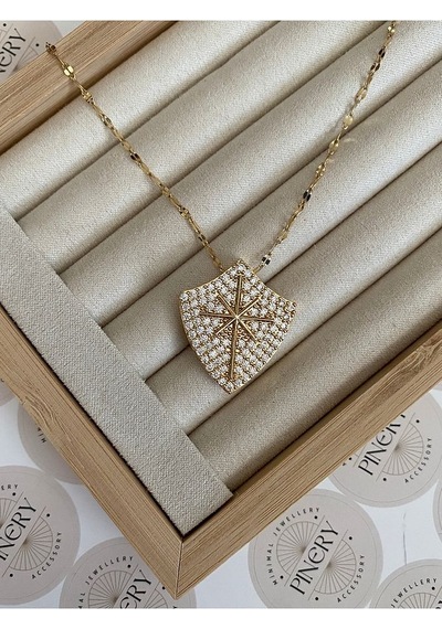 Pinery Jewels Zirkon Taşlı Kalkan Kararmaz Çelik Kadın Gold Kolye Altın