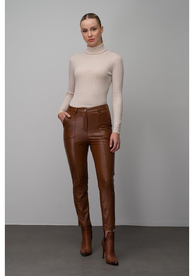 Olcay Deri Görünümlü Dikiş Detaylı Skinny Fit Pantolon Taba 7562