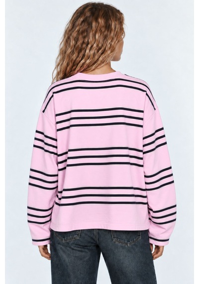 Hiccup Bıpantolon Kadın Oversize Çizgili Bisiklet Yaka Sweatshirt Pembe