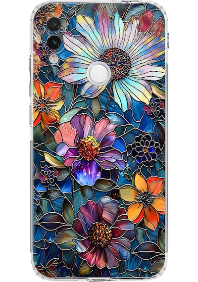 Printify Redmi Note 7 İle Uyumlu Vitray Mücevher Flora Tasarımlı Şeffaf Silikon Kılıf Şeffaf