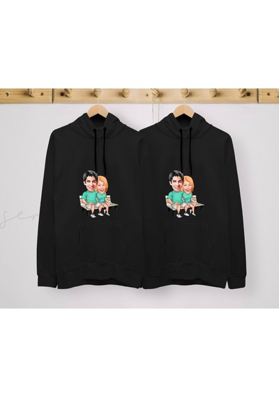 Bk Gift Kişiye Özel Sevgililer Karikatürlü İkili Siyah Sweatshirt Seti, Sevgililer Hediye, Çift Hediyesi, Yıl Dönümü Hediyesi, Kişiye Özel Sweatshirt-22