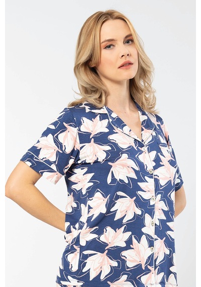 Türen Yaprak Desenli Kısa Kollu Gömlek Yaka Pijama Takımı 3355/lacivert 001