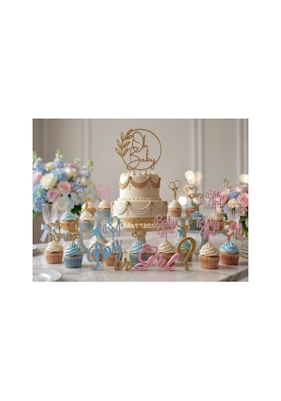 20 Parça Baby Shower Temalı Cinsiyet Belirleme Partisi Pasta Süsü Seti Dekoratif