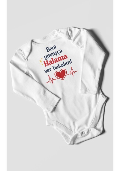 Morivokids Beni Yavaşça Halama Ver Bakalım Uzun Kollu Çıtçıtlı Bebek Body Beyaz