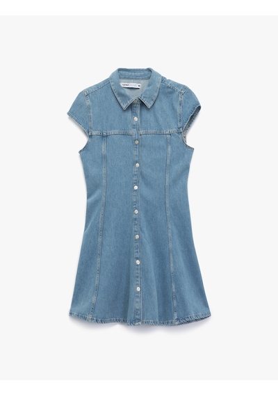 Koton Kısa Kollu Düğmeli Gömlek Yaka Mini Denim Elbise Açık İndigo 5sal80060md Açık İndigo