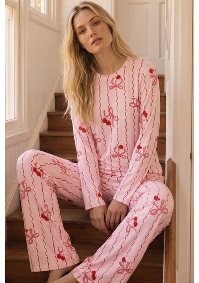 Siyah İnci Desenli Termal Kumaşlı Ultra Soft Yumuşak Örme Pijama Takımı 26226909 Pembe