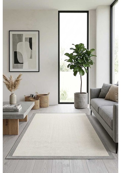 Natura Sisal Hasır Görünümlü Çerçeveli Halı Ntr08 Gri-krem