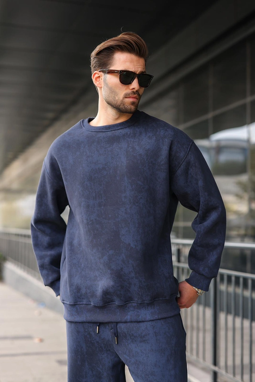 Madmext Lacivert Bisiklet Yaka Batik Desenli Erkek Sweatshirt Pantolon Takım E7344 Lacivert
